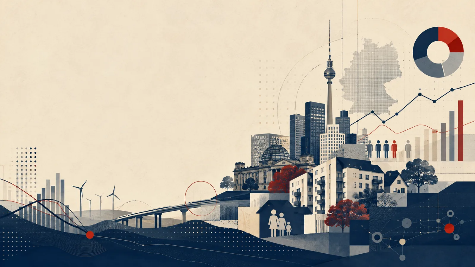Illustrative Deutschland-Datenlandschaft mit Stadt, Infrastruktur, Energie und Diagrammen